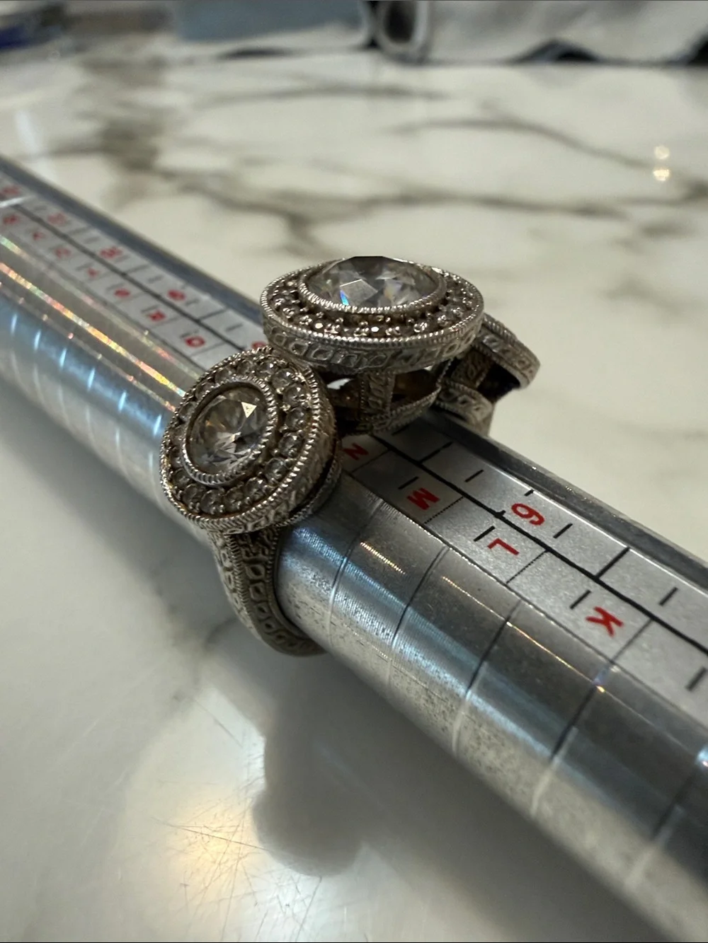 Sterling silver triple setting halo ring with CZs, size 7